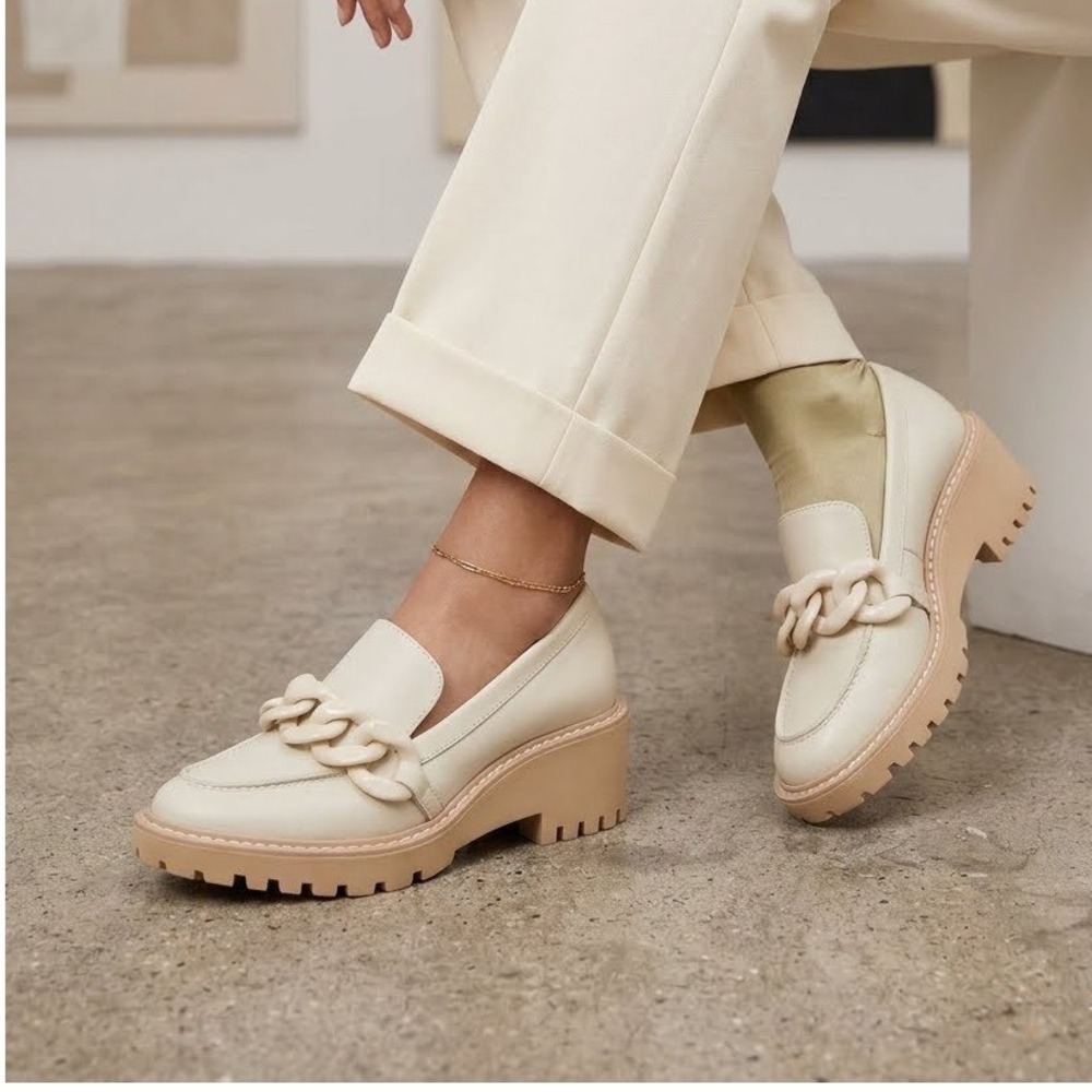 Dolce Vita Hoven Ivory Leather‎ Chain Platform Lug Sole Loafers Women 5.5 Chunky